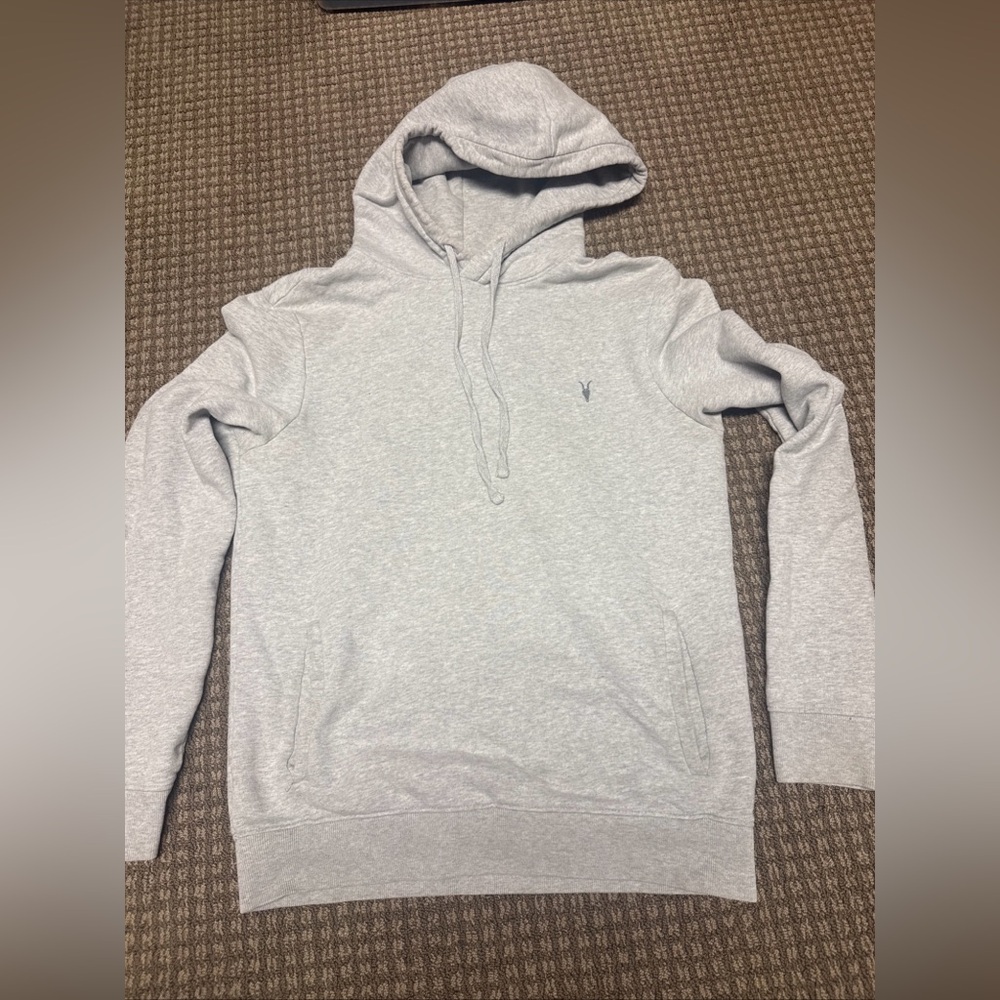 AllSaints Men’s Light Gray Pullover Hoodie - Signature Embroidered Logo